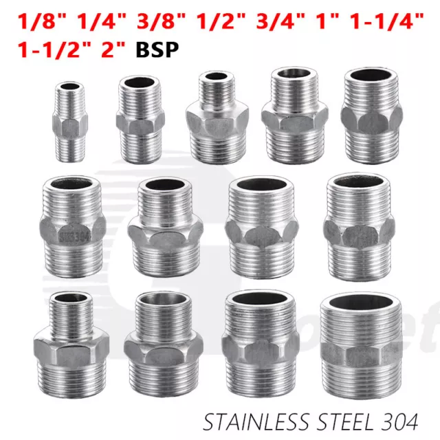 304 Stainless Steel Hex Nipple Adapter 1/8" to 2" BSP Male Thread Pipe Fittings
