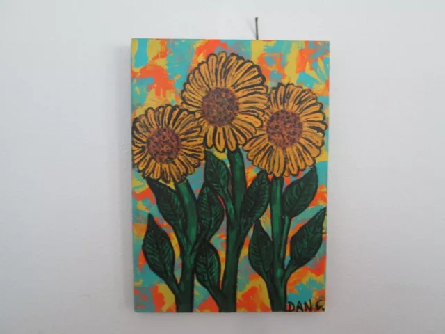 Outsider Art original Painting SUN flowers Folk art Dan C raw brut #DANCFOLKART