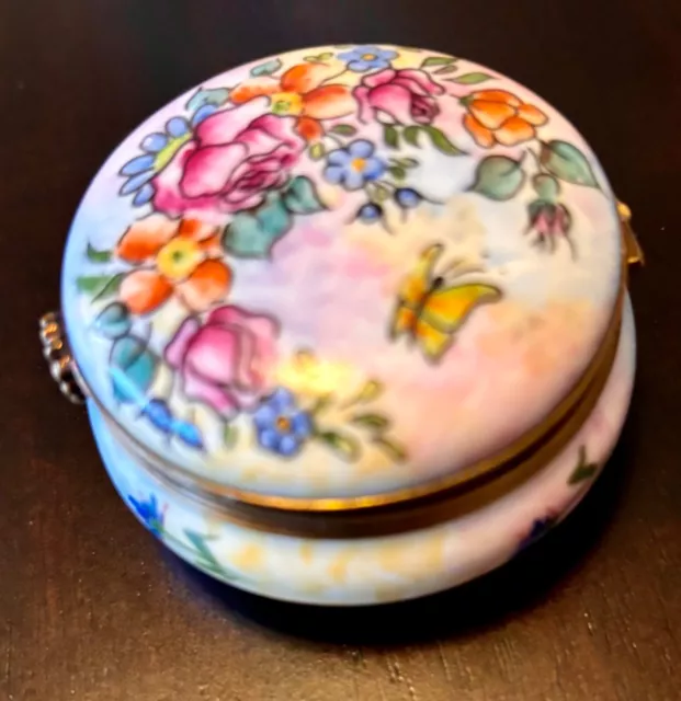 Vintage LIMOGES trinket box FLORAL with BUTTERFLY hinged ELDA CREATIONS