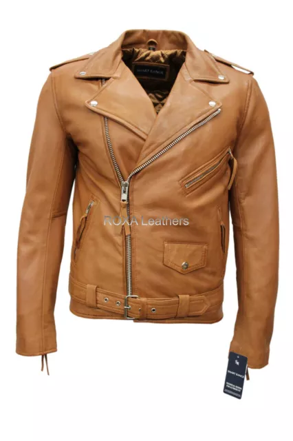 NEW Men Genuine Lambskin Pure Leather Jacket Biker Designer Belted Tan Coat