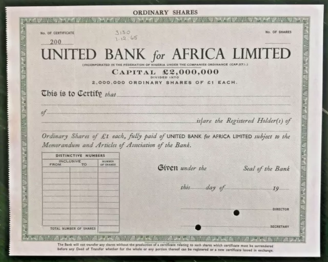United Bank for AFRICA Ltd Federation of Nigeria 1965 specimen shares, banking