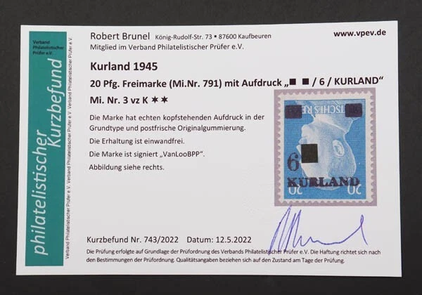 Dt. Besetzung II. Weltkrieg Kurland Mi-Nr. 3 kopfstehender Aufdruck gepr. Brunel