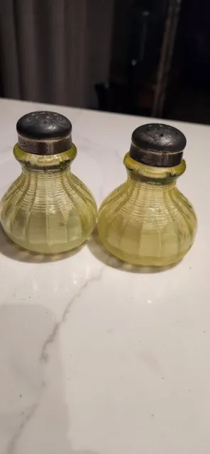 RARE Antique Vaseline Uranium Northwood Glass Salt and Pepper Shakers Circa 1897