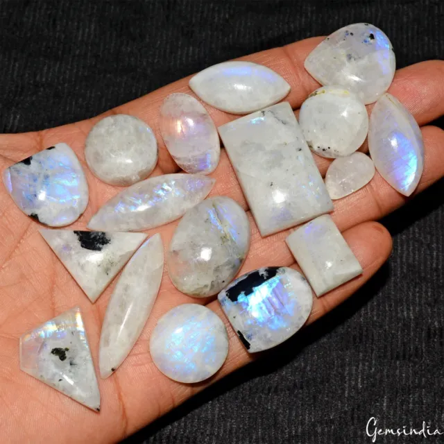 375 Cts Natural Blue Power Moonstone W/ Black Tourmaline Untreated Cabochon Gems