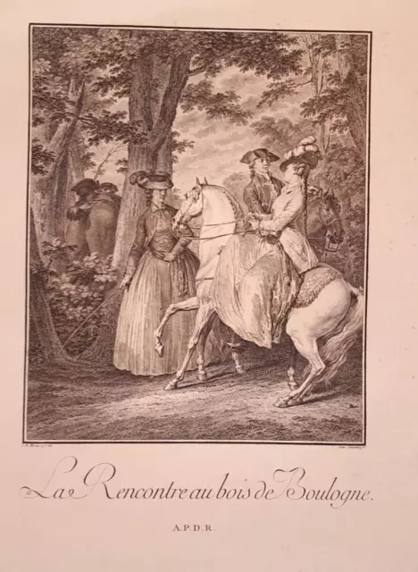 Large 19th century engraving Bois de Boulogne genre scene, signed