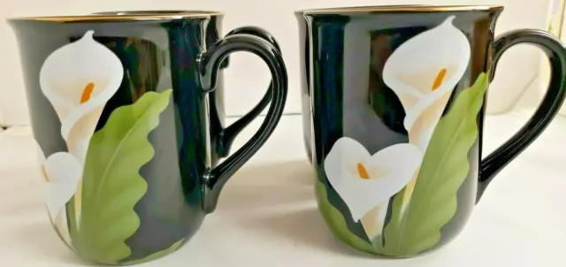 Calla Lily 4 Mugs Black Gold Trimmed Otagiri Hand Crafted Made in Japan