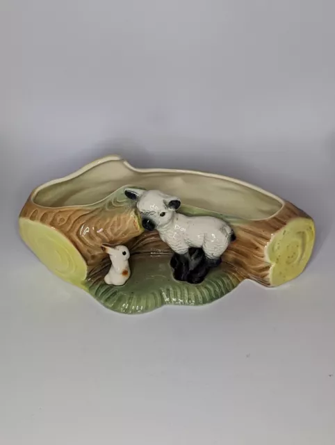 Vintage Hornsea Pottery Posy Vase. Rabbit and Lamb By A Log. 1940s GC No 106