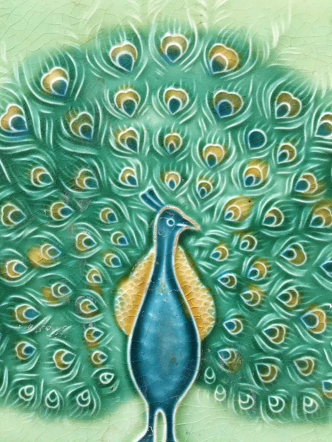Vintage Majolica Tile DANCING PEACOCK 6in x 6in Japan (9841) 2