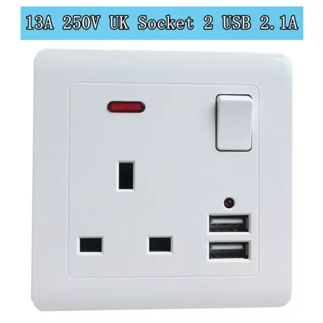 1Pc Single UK Wall Plug Socket 250V 13A with 2 USB Charger Port Outlet