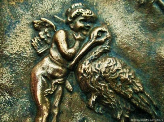 Empty Antique Ashtray Angel Cupid Stork Bronze Old PlateClover Ashtray Pocket
