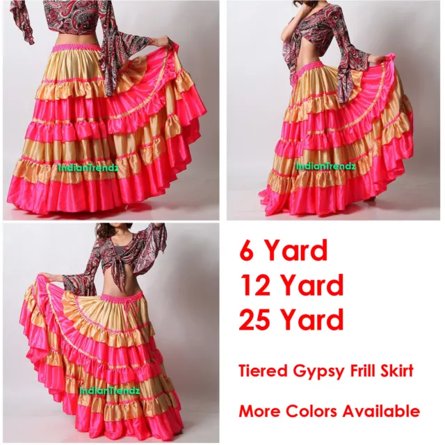 LGold/DeepPink Satin 6/12/25 Yard Tiered Gypsy Frill Skirt Belly Dance Flamenco