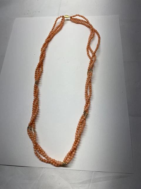 14k Gold Beads Angel Skin Coral Bead 3.6mm Multi Strand Necklace 24”