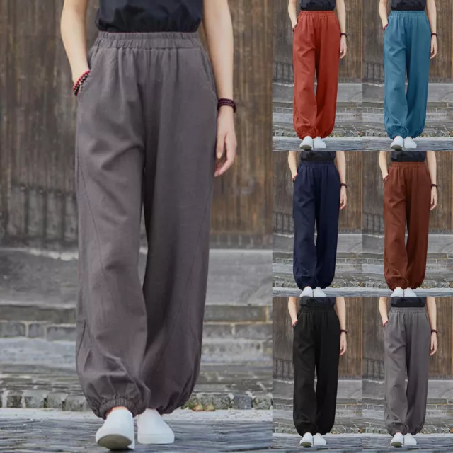 Women Casual High Waisted Pants Leg Long Pant Trousers With Pocket Loose Solid