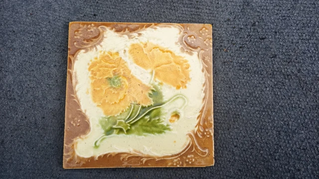 Old Vintage Antique Printed Pottery Fire Place Surround Tiles Art Nouveau Flower
