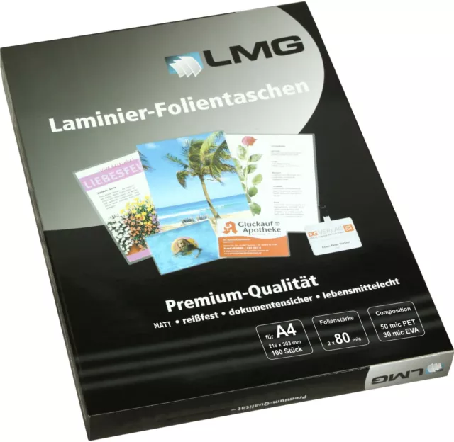 200 LMG Marken-Laminierfolien DIN A4 matt entspiegelt, Laminiertaschen, 2x80 mic