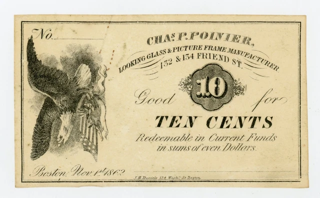 1862 10c Chas. P. Poinier - Boston MASSACHUSETTS Merchant Scrip