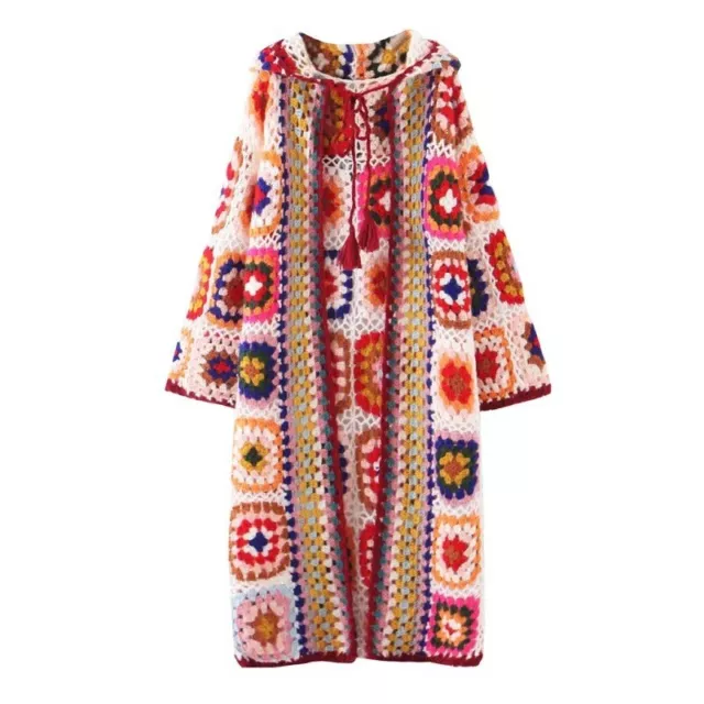 Womens Crochet Granny Square Handmade Cardigan Knit Long Hooded Cardigan Jackets