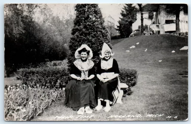 Postcard MI RPPC Holland Tulip Time B&W Photo Two Women In Costume G9