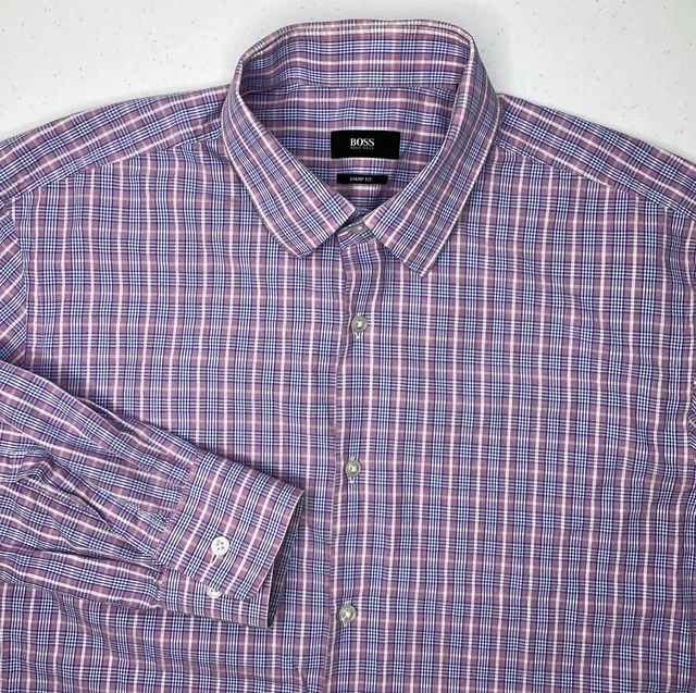 Hugo Boss Shirt Sharp Fit Long Sleeve Plaid Button Front Black Label Men Sz 16