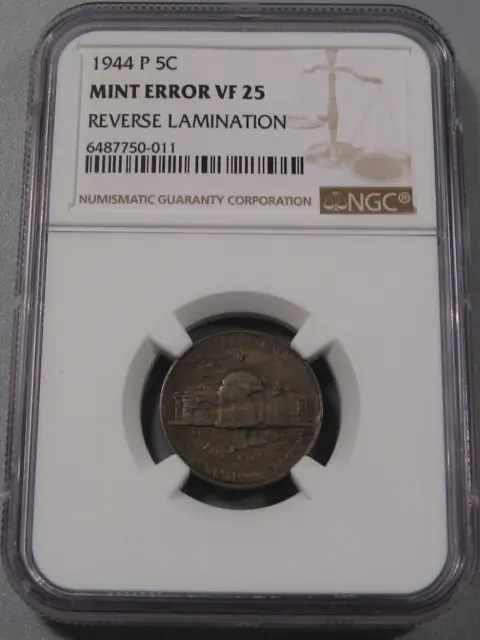 ERROR 1944-P Silver Jefferson Nickel NGC VF25 Rev. Lamination. #45