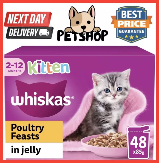 Whiskas Kitten Poultry Feasts 48 X 85g Mixed Wet Cat Food Pouches in Jelly