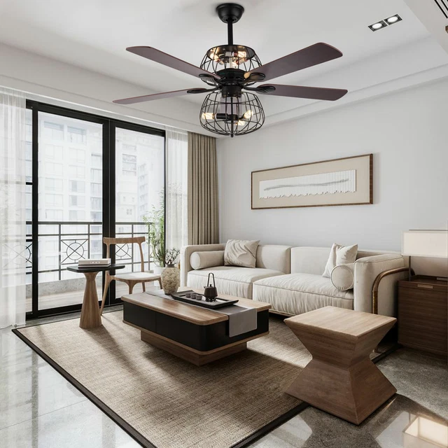 52" LED Ceiling Fan Light 5 Wood Blades Fan Retro Chandelier with Remote Control