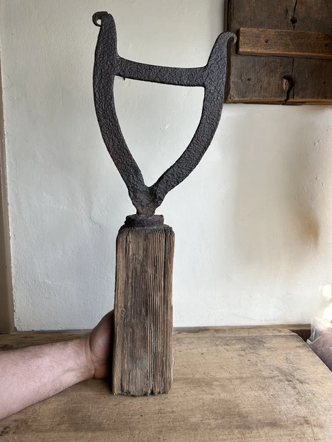 19th C New England Hand Forged Iron Boot Scraper Wood Mounted Antique Patina