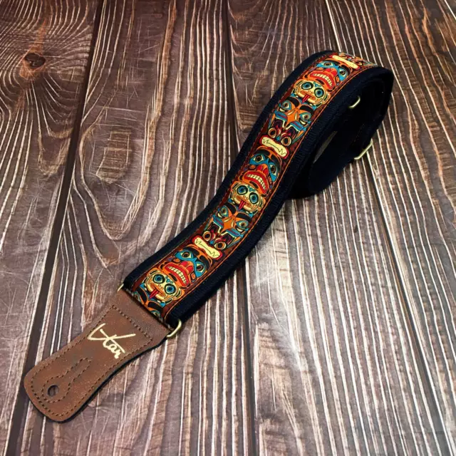 Handmade Brown  Retro Totem Pole Guitar Strap by VTAR, Made with Vegan Leather