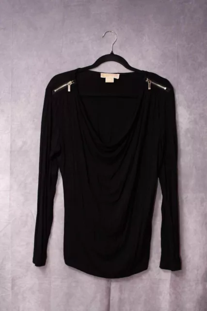 MK Michael Kors Drape Neck Shoulder Zipper Long Sleeve Top Black SZ M