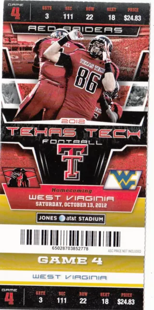 2012 Texas Tech Red Raiders Vs West Virginia Ticket Stub 10/13 College Football