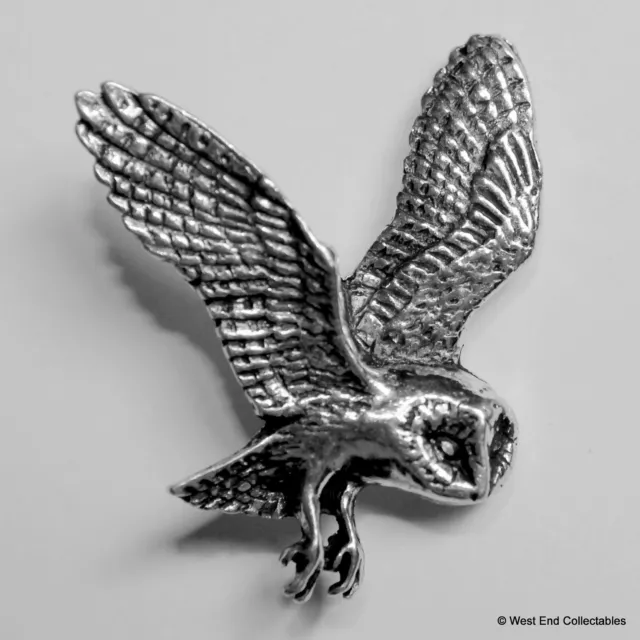 Barn Owl Pewter Brooch Pin -British Artisan Signed Badge- Falconry, Common, Hawk