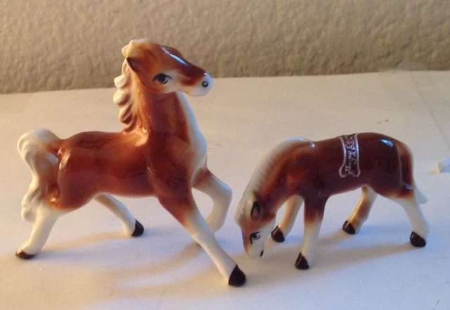 Set of 2 Miniature Brown Mare & Foal Horse Pony Bone China Figurines Japan