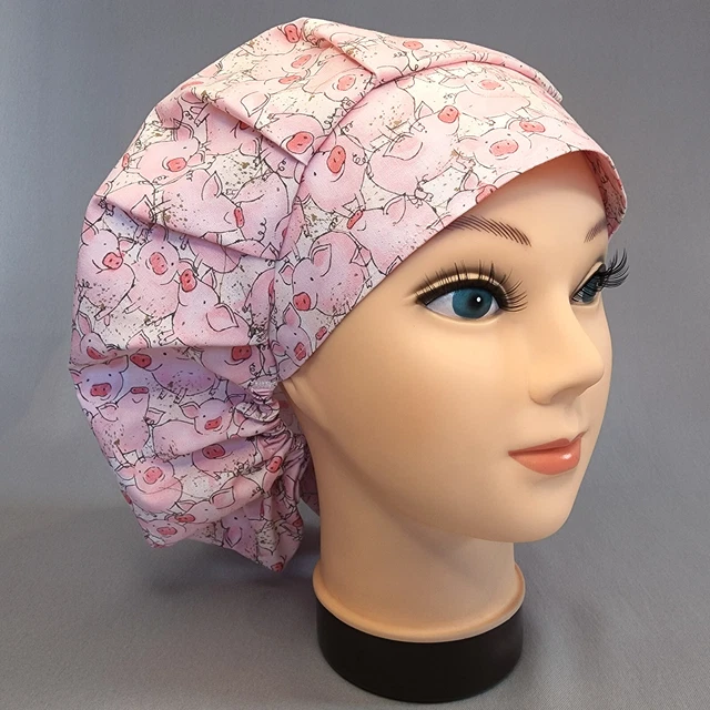 Pink Pigs Bouffant Scrub Cap Women's Surgical Hat Veterinary Farm Animals Piggy