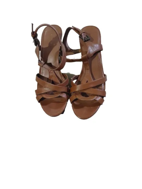 BCBG Eneration Size 7.5 M Brown And Leather Open Toe Heels