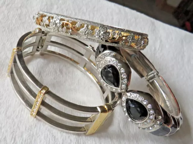 Lot of 3 Bracelets Silver & Gold Tone Rhinestones, Black Enamel & Stones ?