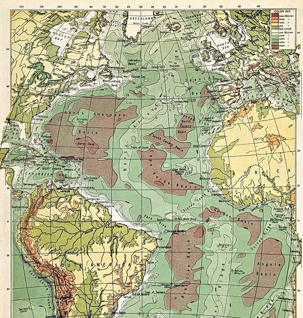 1953 Atlantic Ocean Map Lambert's Zenithal RARE Equal Area Projection LARGE