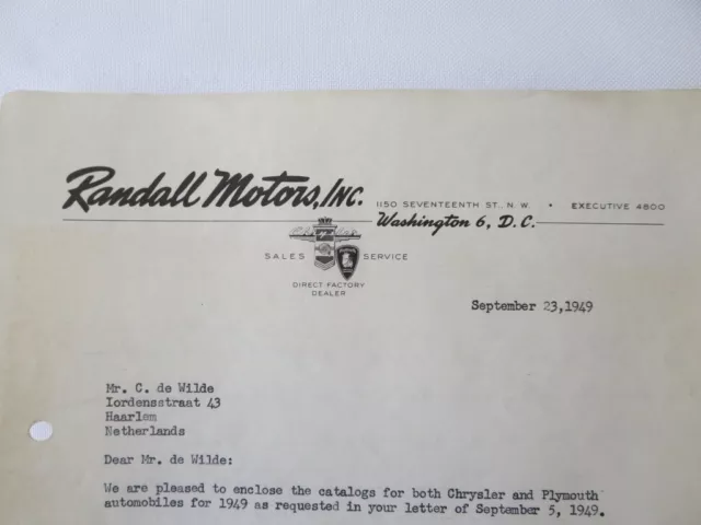 1949 Randall Motors Chrysler Plymouth Letter Letterhead Document Washington DC