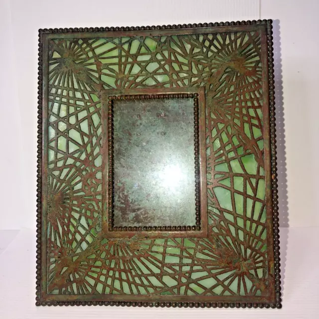 Antique Tiffany Studios New York Bronze Green Favrile Art Glass Picture Frame