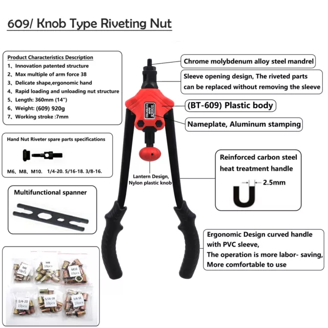 Knob Type Riveting Nut Gun 360mm 14" 60pcs Rivet Nut Gun Kit Rivnut Setting Tool