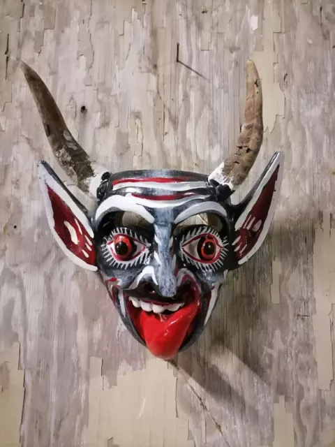 Mexican Hand Carved Devil Wooden Small Mask Folk Art Diablo Goat Horns 10” Tall