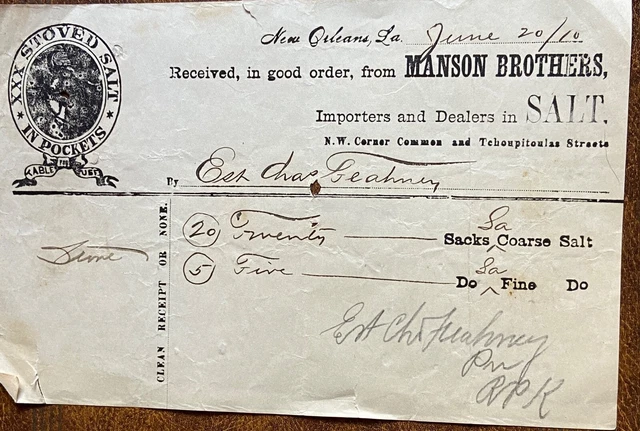 1910 Manson Brothers Importers And Dealers In Salt New Orleans La Receipt