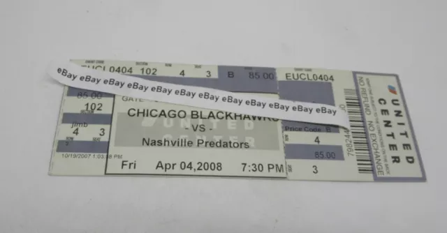 Chicago BLACKHAWKS vs. Nashville PREDATORS APR 4, 2008 United Center Ticket