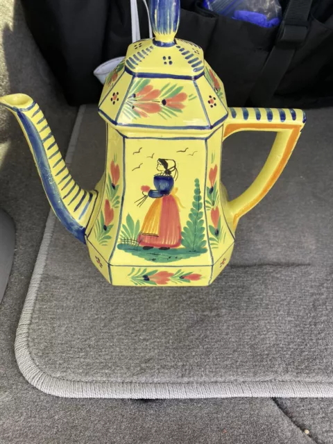 French Quimper HB Soleil Yellow Teapot with Lid ~ Hand Painted- Large