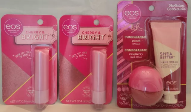 EOS Holiday Pomegranate Punch Lip Balm Raspberry Hand Cream Cherry Bright Lot