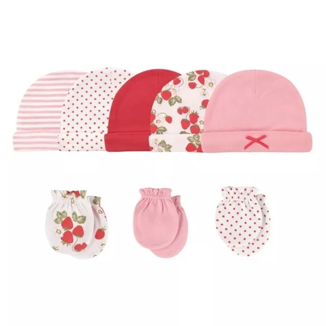 Strawberries 100% Cotton Baby Girl Caps & Mittens 8 Pcs Set By Hudson Baby 0-6M