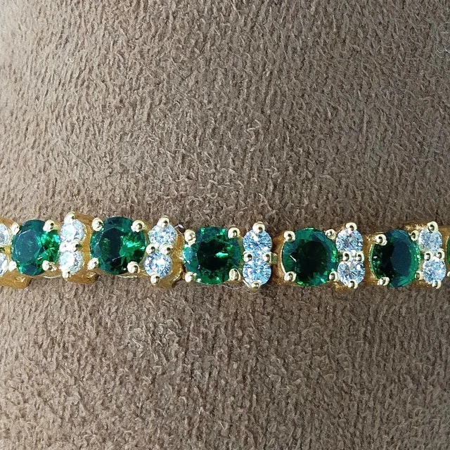 9.05CT 14K Yellow Gold Finish Simulated Green Emerald & Diamond Tennis Bracelet