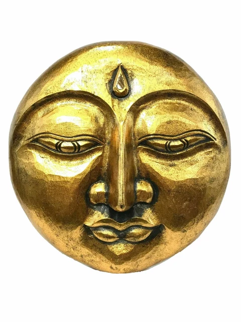 Golden Chandra Man in the Moon Wall Art Sculpture Hand Carved Wood Plaque