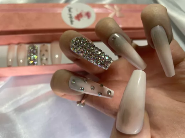 Hand painted false nails  BLING Coffin White, Pink Ombré Rhinestones long