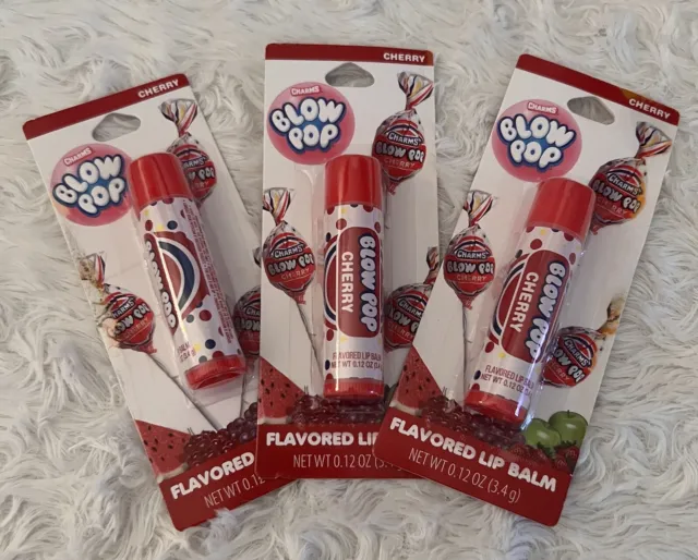Charms Blow Pop Cherry Flavored Lip Balm Chapstick Lot Of 3 New & Carded!