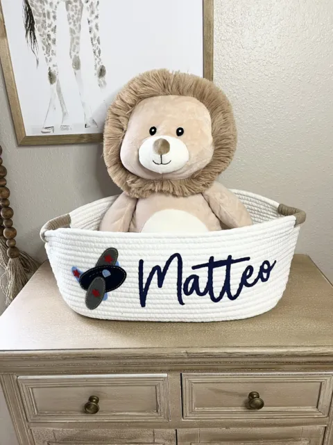 PERSONALIZED Baby Boy gift Basket with Airplane Ivory Basket, Baby Shower Gift